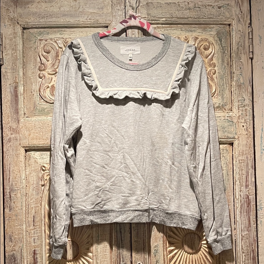 THE GREAT Gray Ruffle Trim Women's Top